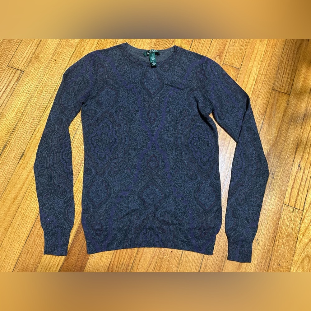 Lauren Ralph Lauren Silk & Cashmere Paisley Sweater - Sz. Medium - Gray & Purple